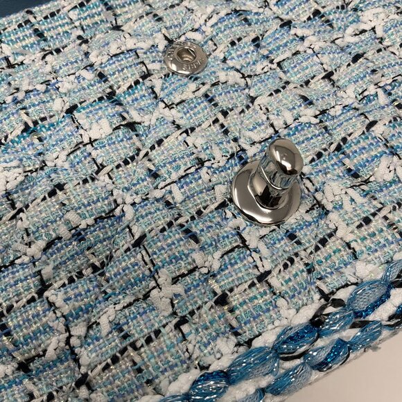 CHANEL19C Blue Braided Tweed Classic Medium Double Flap Bag Silver Hardware - Picture 13 of 14